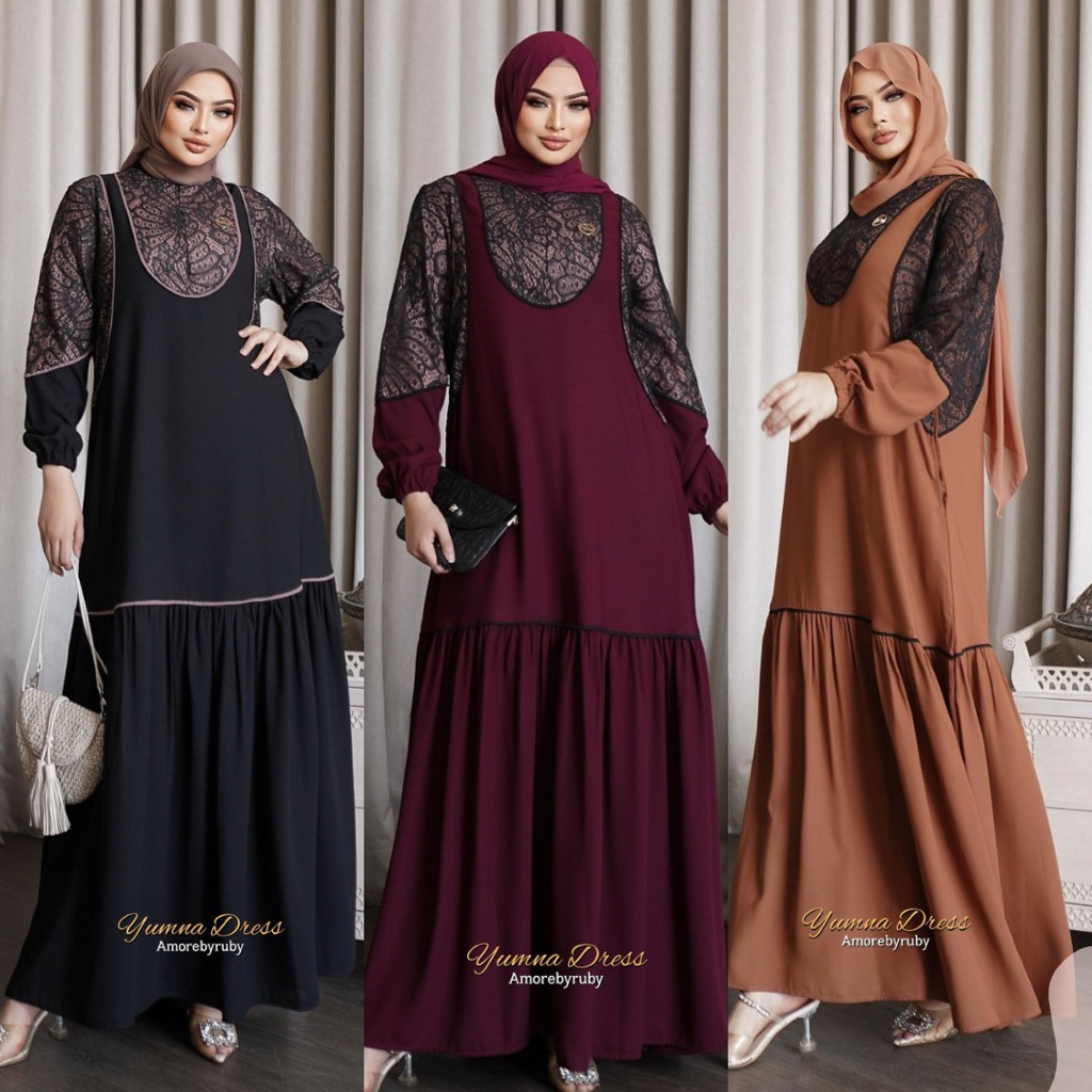 Yumna Amore By Ruby Gamis Brukat Polos Lengan Balon Busui Friendly Lebaran All Size Jumbo Muslimah