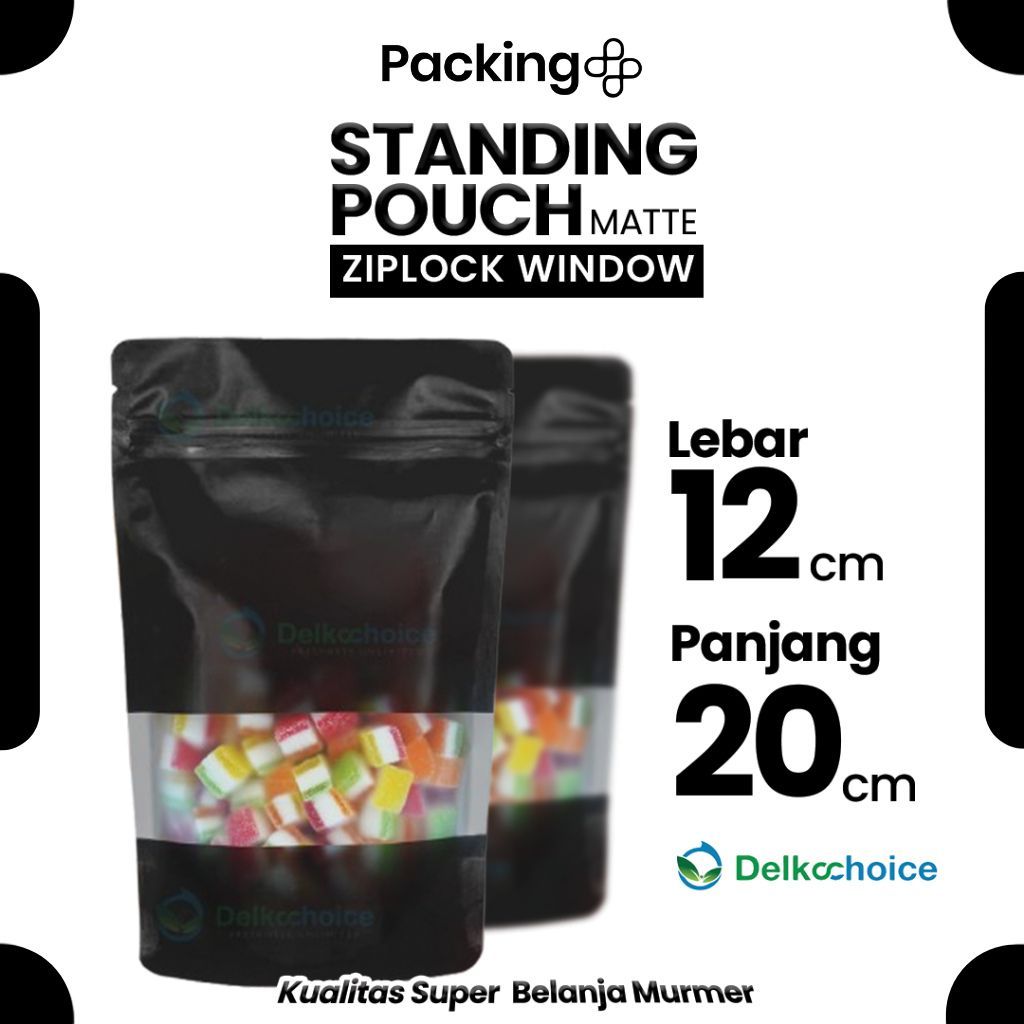 Kemasan Standing Pouch Matte Doff 12cm x 20cm HITAM (BLACK) Window Ziplock Plastik Klip Harga Murah