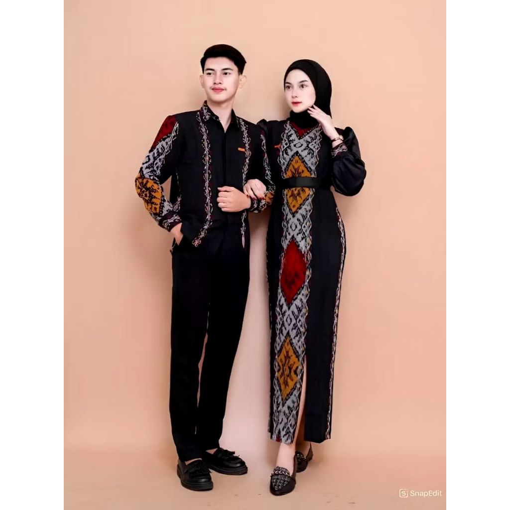 EVA FASHION TENUN-Baju couple Tenun Pasangan-Set Couple Lebaran Belvia Hitam maroon Batik Tenun-Gami