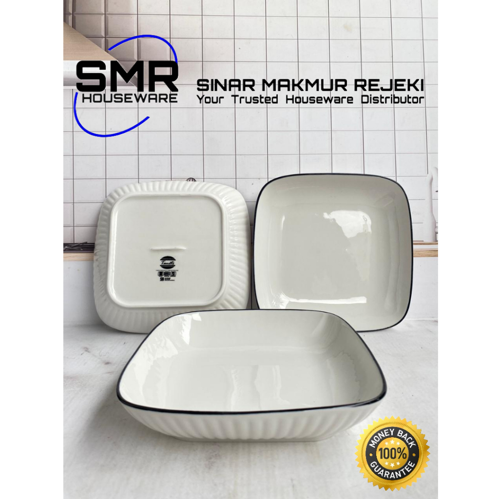 [ 3 PCS ] PIRING KERAMIK SQUARE 7,5 INCHI EMBOSSE LIST HITAM | PIRING MAKAN KERAMIK SEGI LIST HITAM 