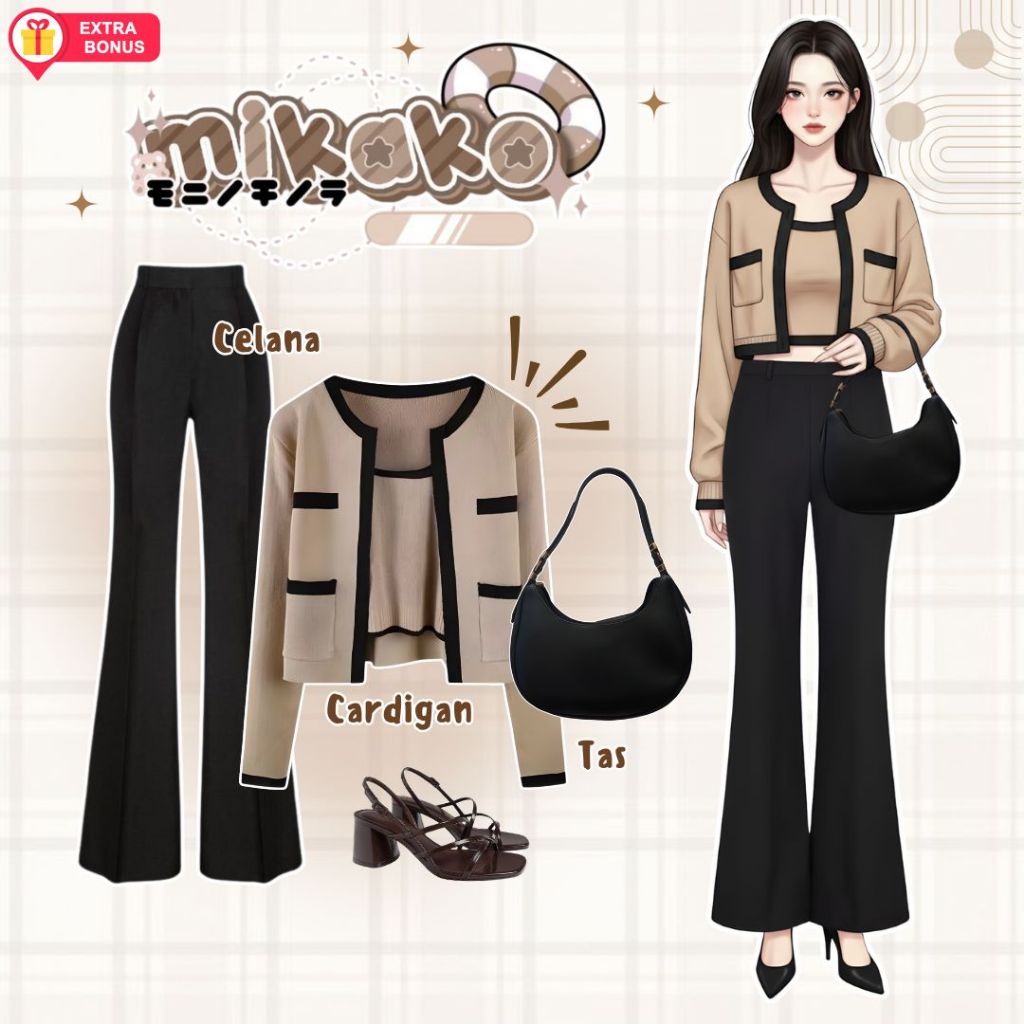 oneset 3in1 Cardigan + Jelana Cutbray +Tas Bulan Sabit | ootd outfit cewek wanita anak perempuan rem