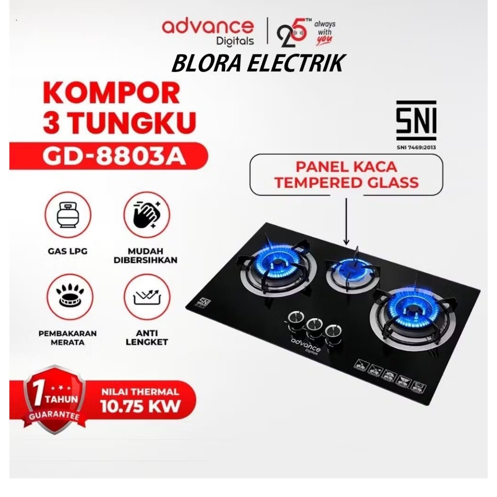 Advance GD-8803 A Kompor Gas TanamTornado Blue Flame 3 Tungku Tempered Glas bisa tanam dan mejas