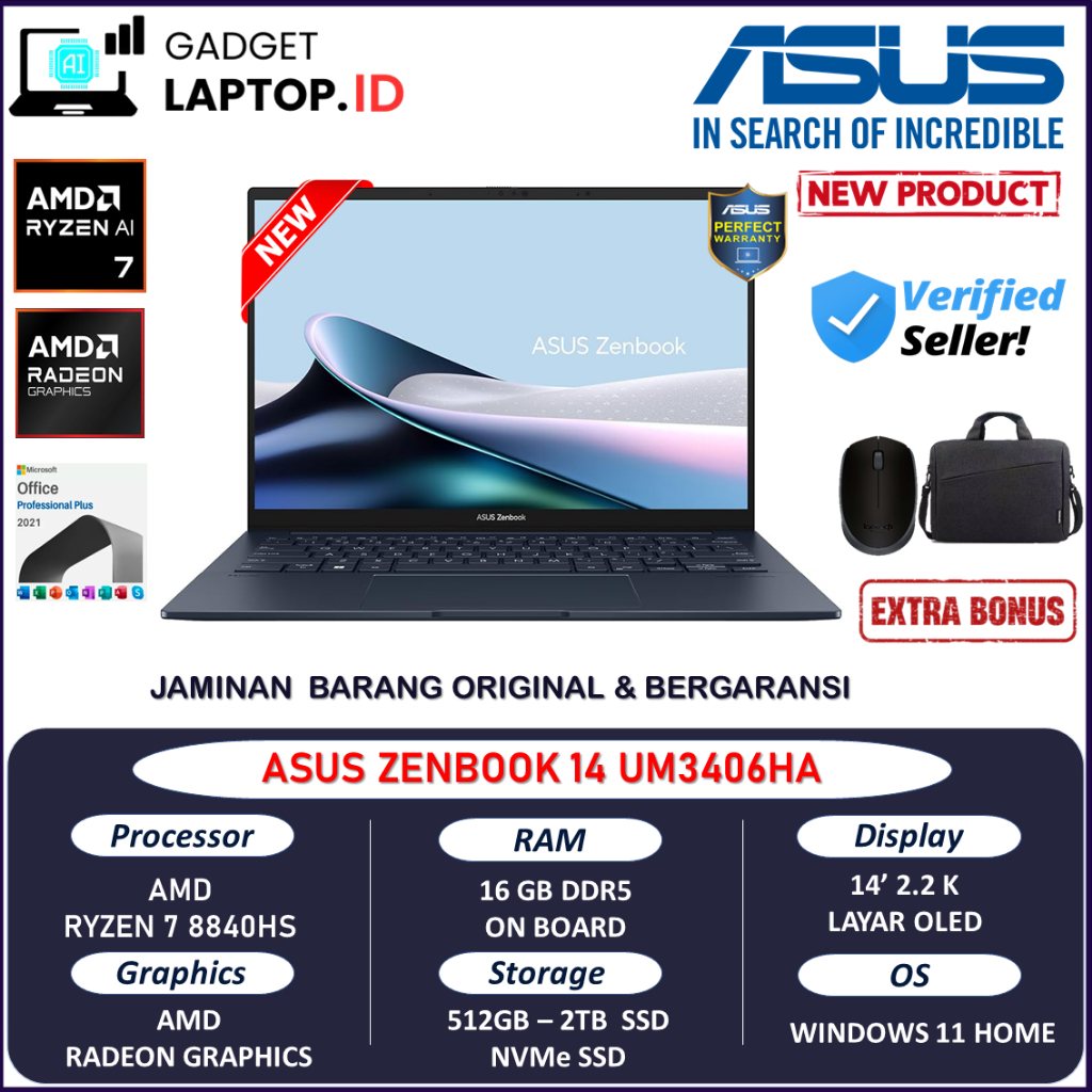 Laptop ASUS ZENBOOK OLED UM3406HA AMD Ryzen 7 8840HS RAM 16GB DDR5 2TB SSD WUXGA Touchscreen
