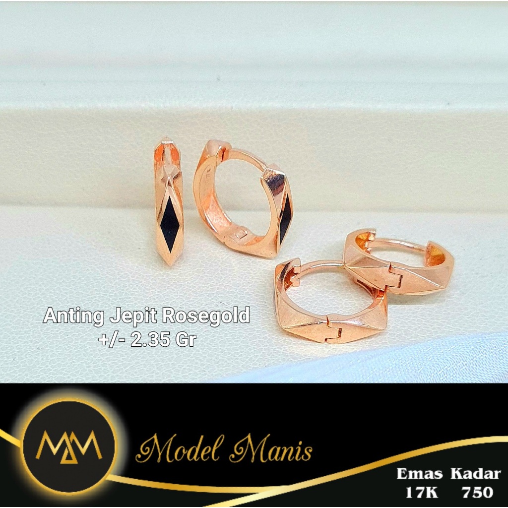 Model Manis Gold - Anting Jepit Wajik Persegi Rosegold - Emas 17k  750