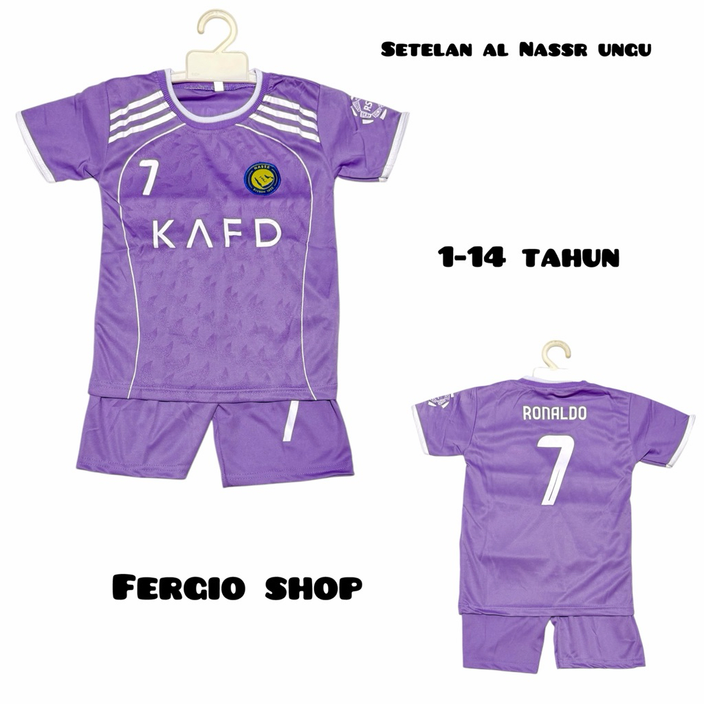Setelan baju bola anak Al Nassr/ kaos bola anak Al Nassr ungu/ jersey bola anak/ pakaian olahraga an