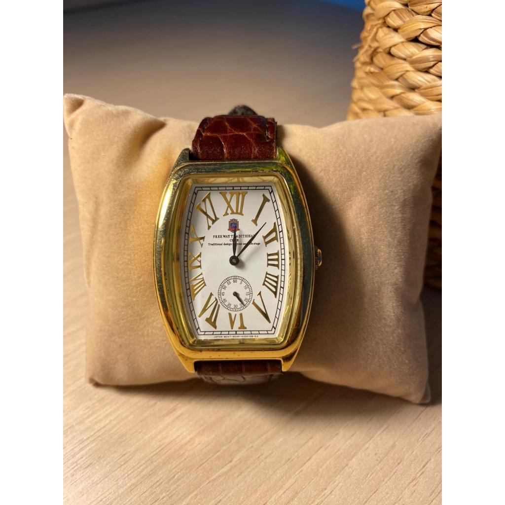 Citizen Jam Tangan Vintage Freeway Traditional Kulit Coklat Case Stainless Steel Gold Elegan Gaya Kl