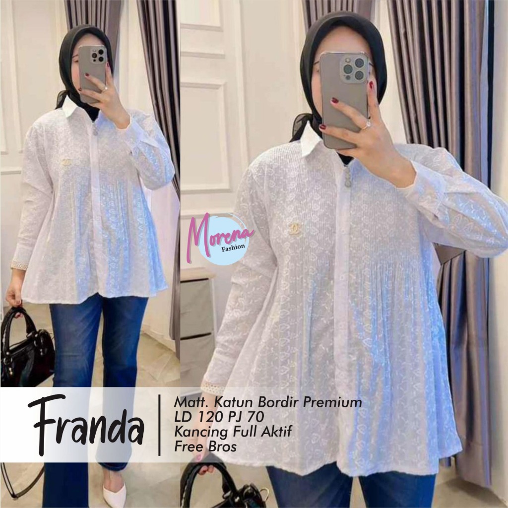 Franda Kemeja Wanita Bordir Katun Premium Putih//Outfit Kantor//Outfit Hangout//Outfit Kuliah//Daily