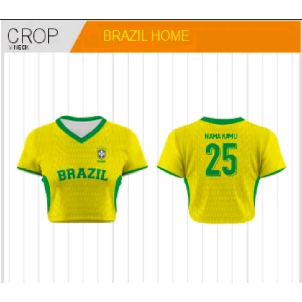 JERSEY CROP TOP BRAZIL HOME TERBARU GRATIS PASANG NAMA DAN NOMOR PUNGGUNG FULL PRINTING