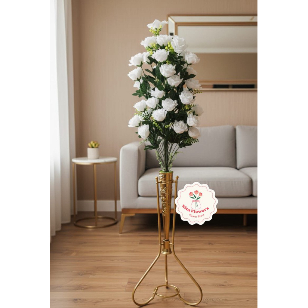 Bunga Mawar Artificial Jumbo Premium 48 Kuntum Mawar jumbo  berikut dengan pot corong plastik dan st