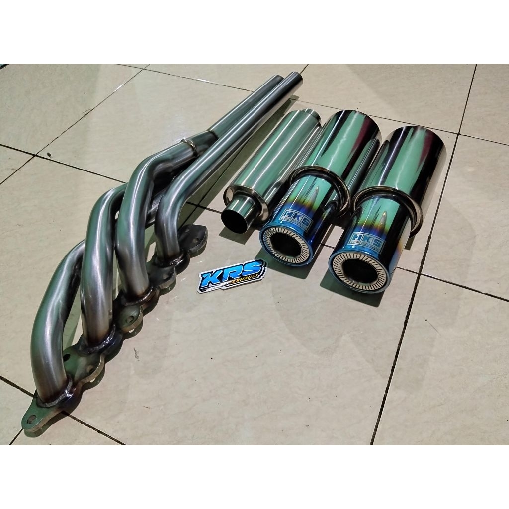 satu set header mobil Futura inject tipe 432 panjang monel Muffler HKS gronel biru