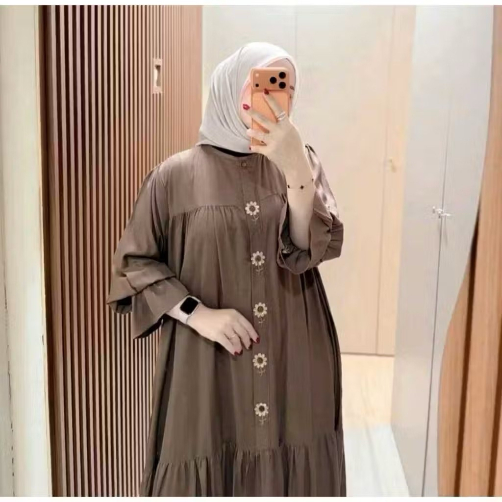 Melda Dress Gamis Rayon Twill Bordir Motif Bunga