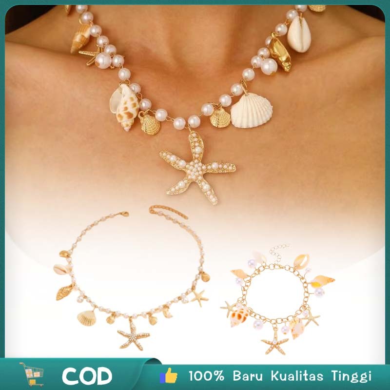 Kalung Kerang Gelang Kerang Aesthetic Kalung 1set(Kalung + Gelang)Gaya Pantai Libu Wanita Pantai Imi