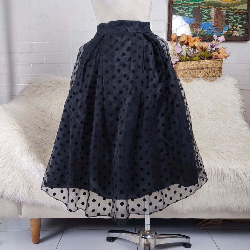 rok midi polkadot midi skirt polkadot rok hitam polkadot flare skirt polkadot