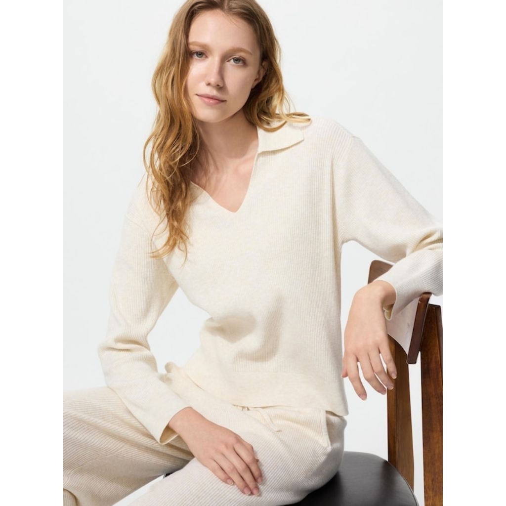 UNIQLO Sweater Polo Rib Rajut Washable Lengan Panjang Original