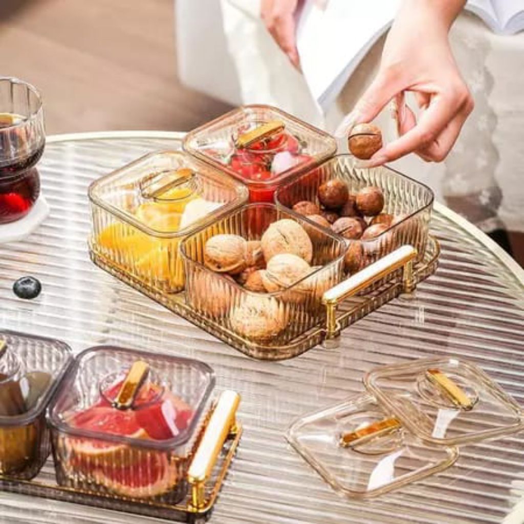 Toples Nampan Set Gold Isi 4 - Toples Lebaran Set Penyimpanan Makanan Saji Dengan Nampan - Toples Na