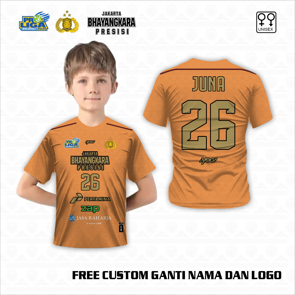 Jersey Jakarta Proliga Bhayangkara Presisi 2026 Baju olahraga anak volleyball Kaos Voli bebas Custom