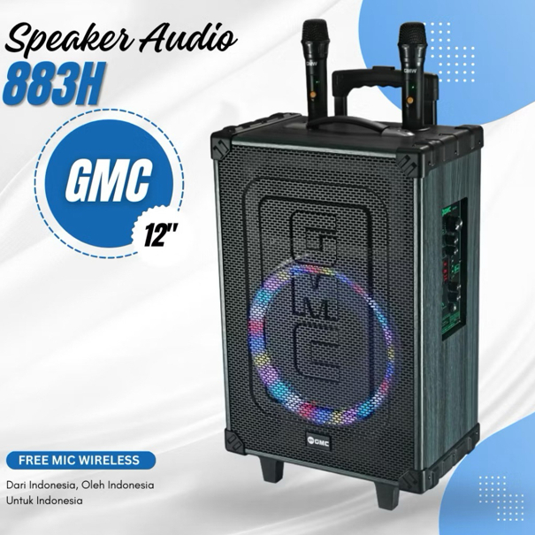 SPEAKER PORTABLE BLUETOOTH GMC 883H 12in 12inch BONUS 2 MIC WIRELESS 883H