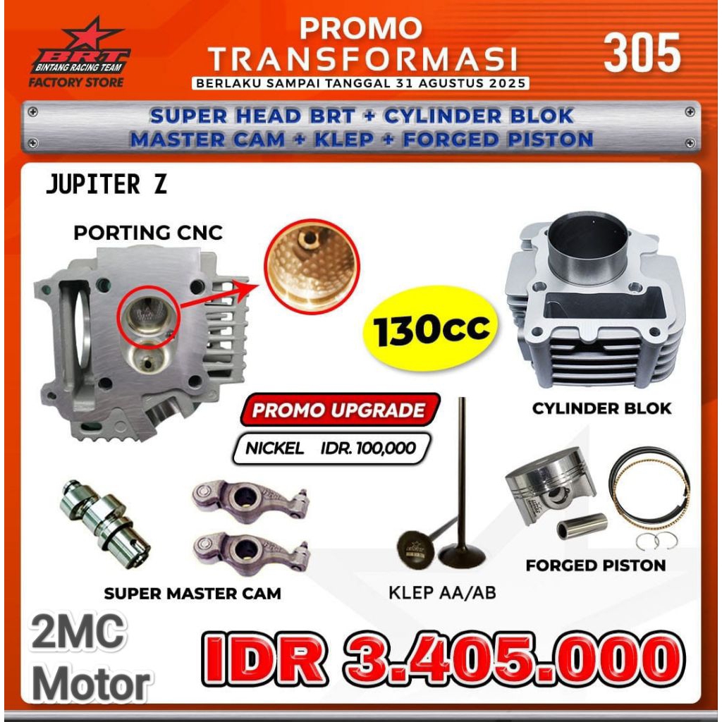 305.PAKET BORE UP 130CC JUPITER Z BRT 
HEAD BLOK PISTON NOKEN AS ROCKER ARM 
KLEP AA/AB BRT
