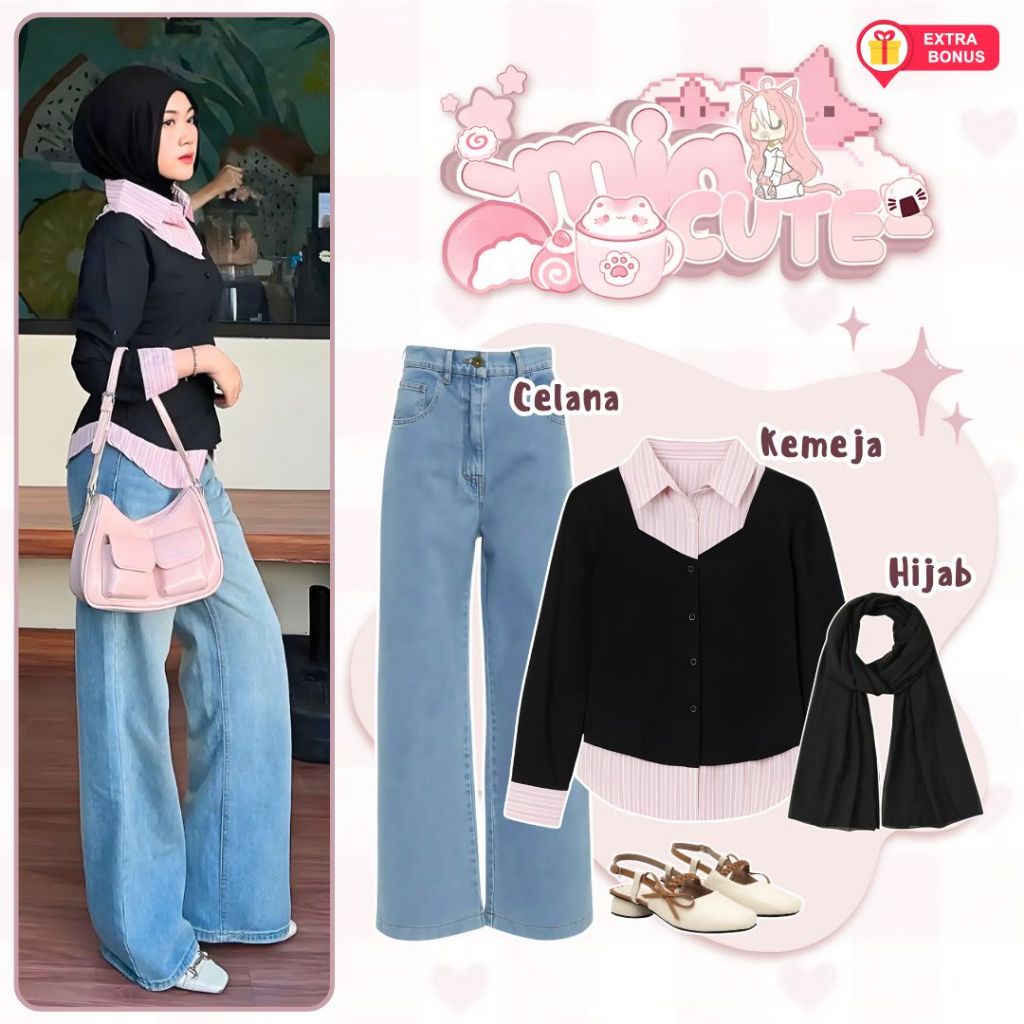 oneset 3in1 Kemeja + Celana Jeans + Hijab Pasmina Ceruty Babbydoll | ootd outfit cewek wanita anak p