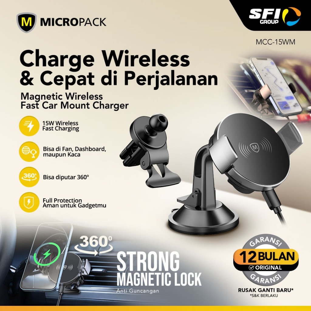 Micropack Car Charger Magnetic Wireless - Fast Charging - 15watt - 360° Rotation - MCC-15WM