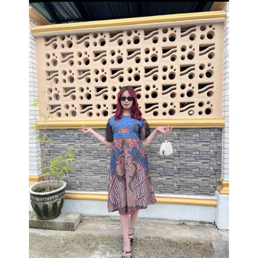 Batik Wanita Modern Dress Motif Puspita Langit  Warna Biru  Batik Wanita Atasan Batik Fashion Wanita