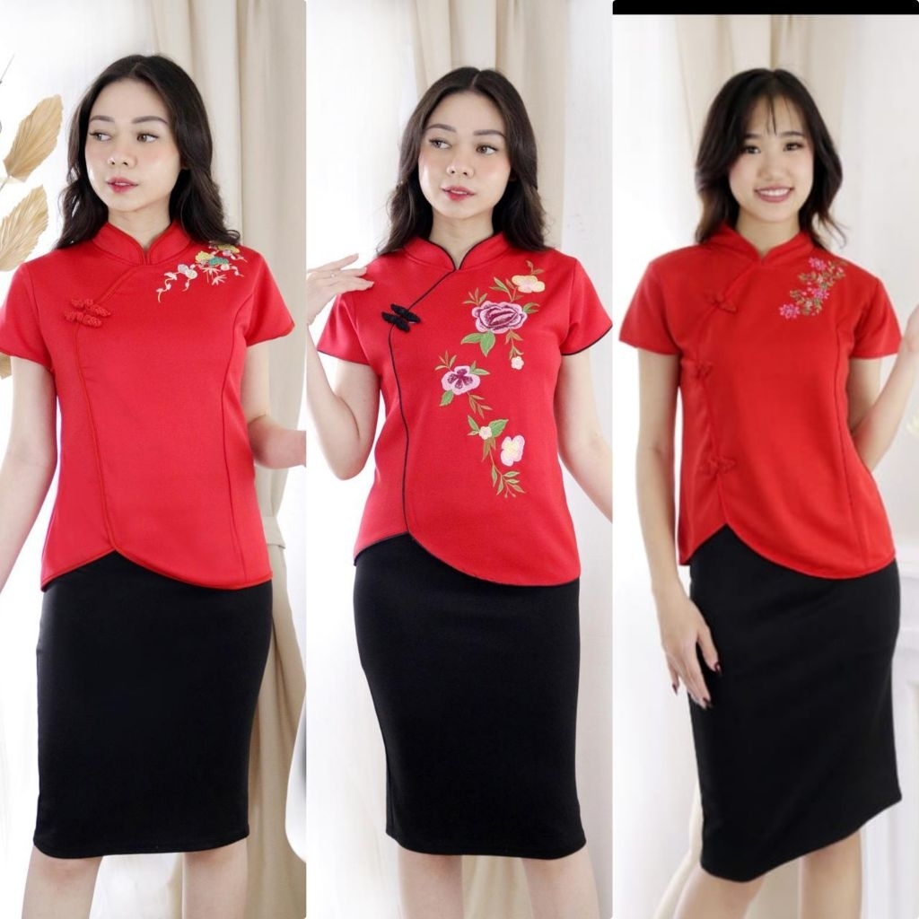 Atasan Cheongsam Wanita Motif Bordir Bunga Bahan Scuba
