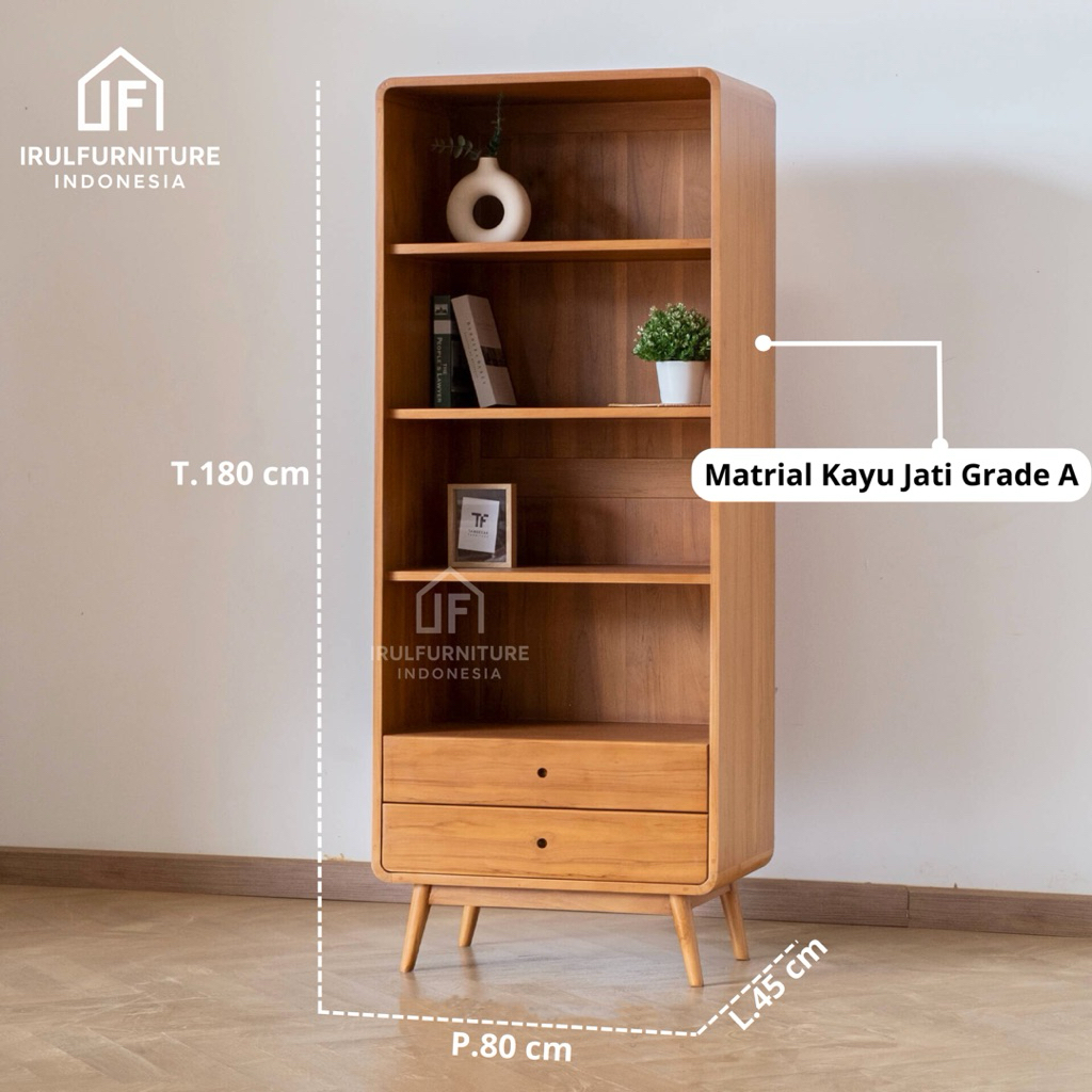 Lemari Pajangan Kayu Jati Jepara | Rak Buku Kayu Jati dengan Laci | Lemari Serbaguna Kayu Jati