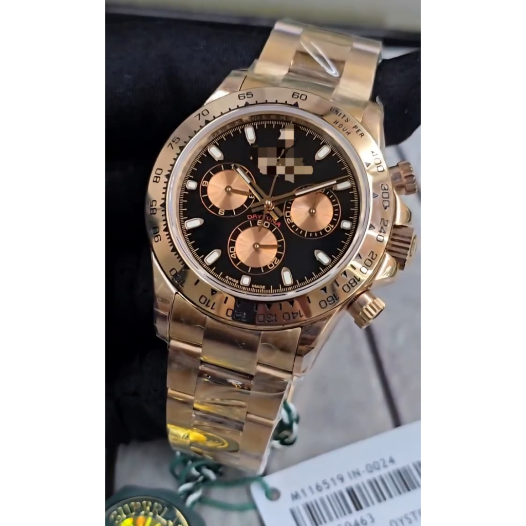 Jam FULL SWISS TIER 5 Cosmograph Daytona 116505, 18k rose gold, black dial on Oyster 40MM Jam pria o