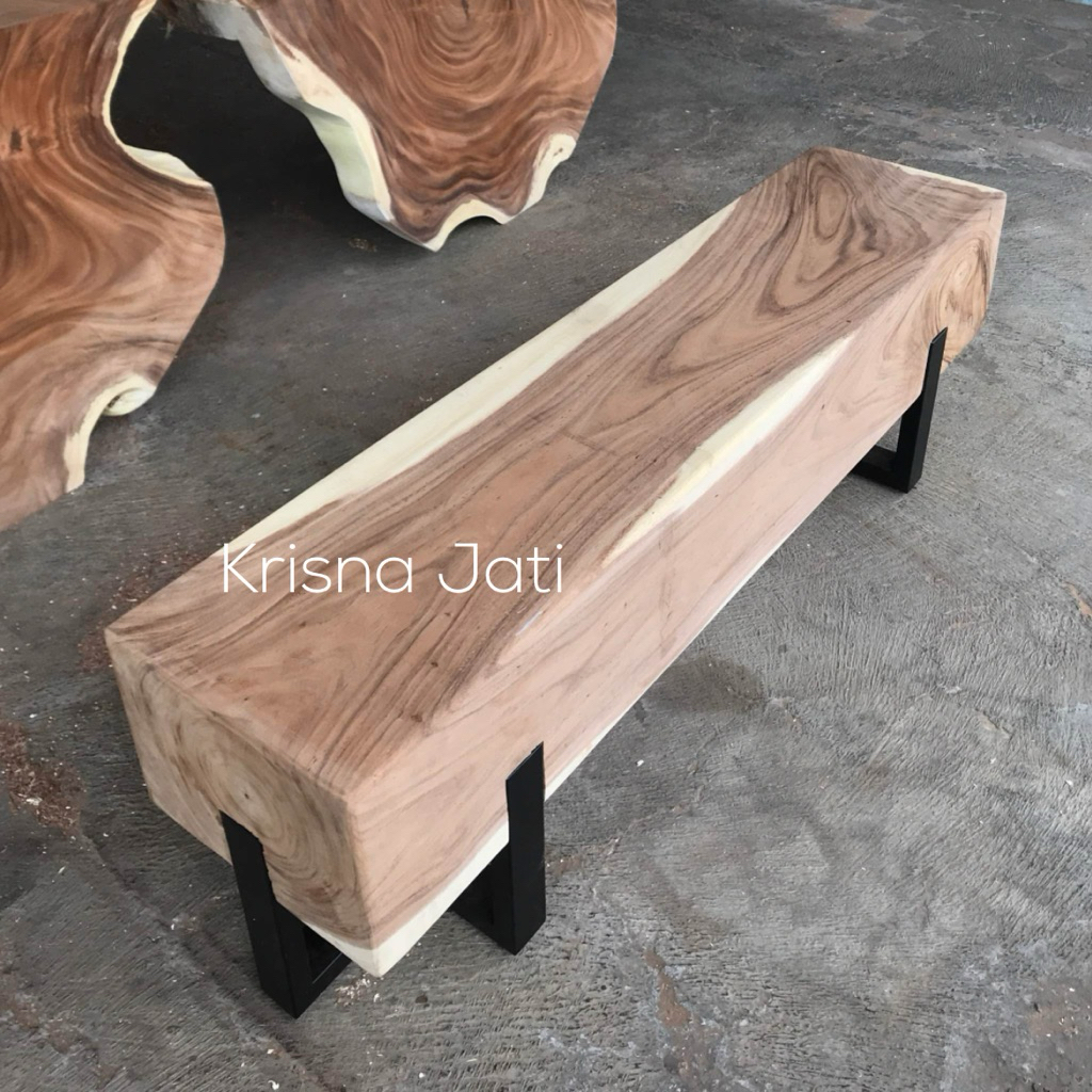 bangku balok taman outdoor kaki besi kayu trembesi solid