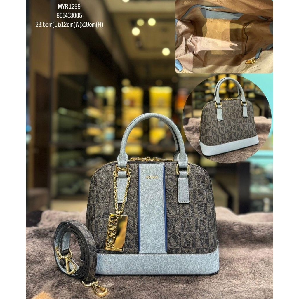 Tas Alma Lis biru monogram hitam Bonia ori