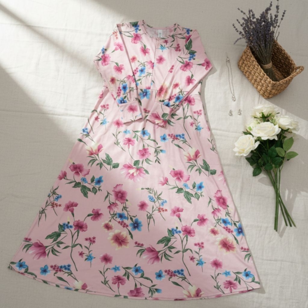 Gamis Pink Floral Motif Bunga