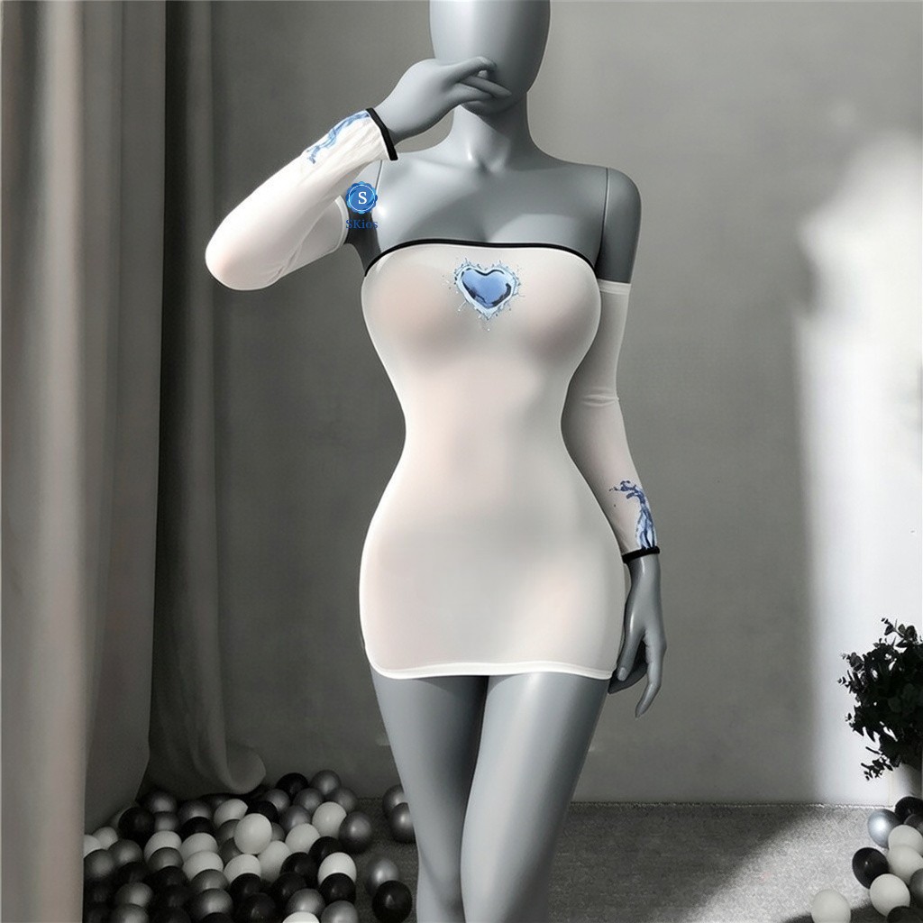 Lingerie Bodysuit Wanita Mini Dress Sheer Mesh Transparan + Arm Sleeve L282