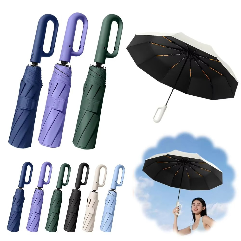 Payung Lipat Handle Bulat D Mini Full Otomatis Automatis Buka Tutup Anti UV UPF50+ Diameter Besar 105cm Viral Cincin Ring Aesthetic Kuat Kokoh Tahan Angin 10 Bone Ribs Double Design Praktis Fully Automatic Carabiner Umbrella Ring Buckle Sun Protection