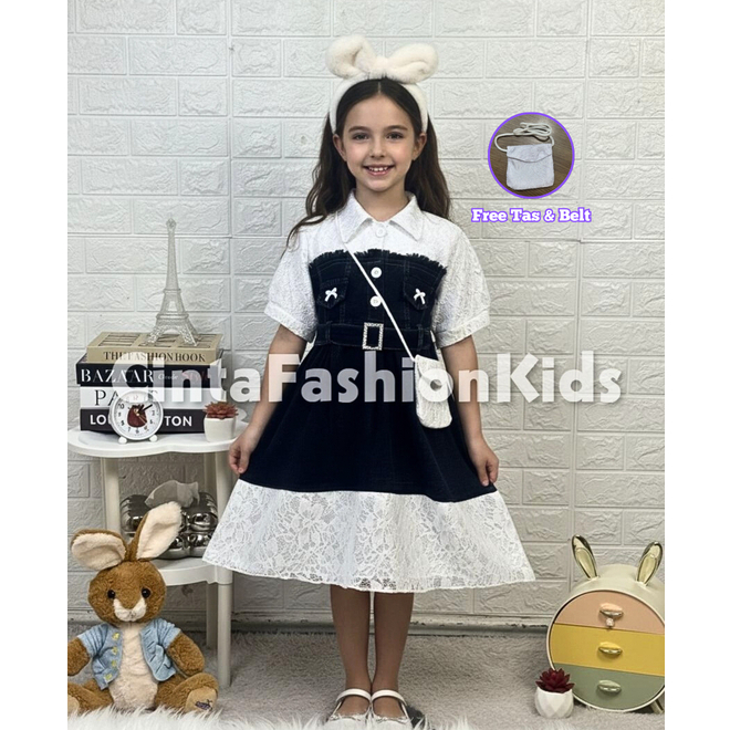 CintaFashionKids Dress Jeans Anak Alea Mix Brukat Viral Usia 3-10 Tahun