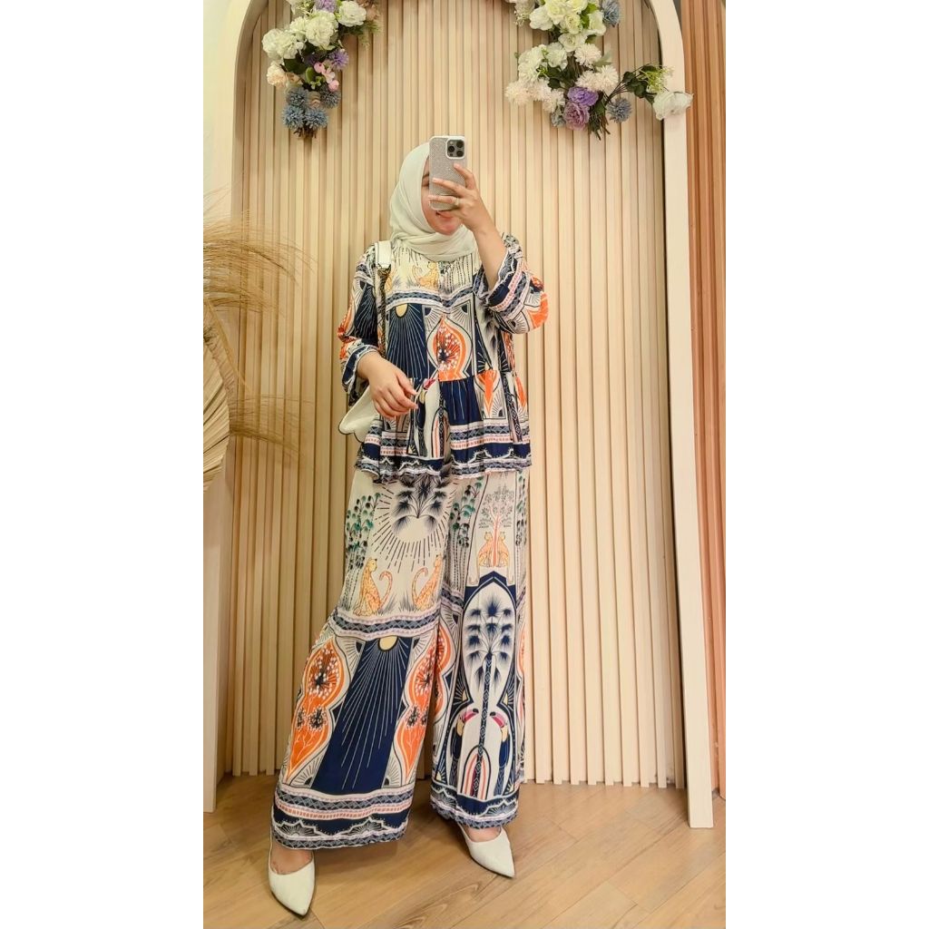 Setelan Rayon Premium Wanita Motif Etnik Kekinian / One Set Kulot Jumbo Viral / Baju Setelan Hijab -