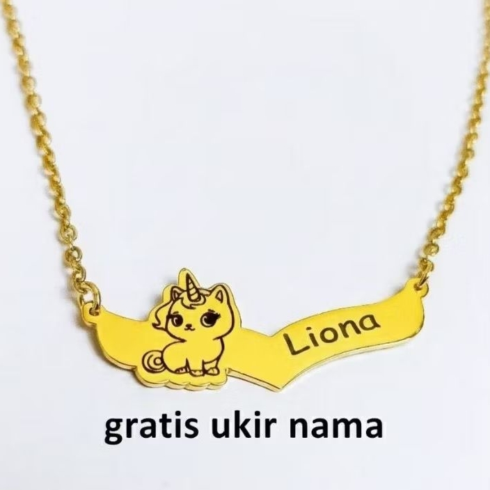Kalung Titanium Ukir nama Anti karat lapis Emas24k Bisa ukir nama custom motif Unicorn