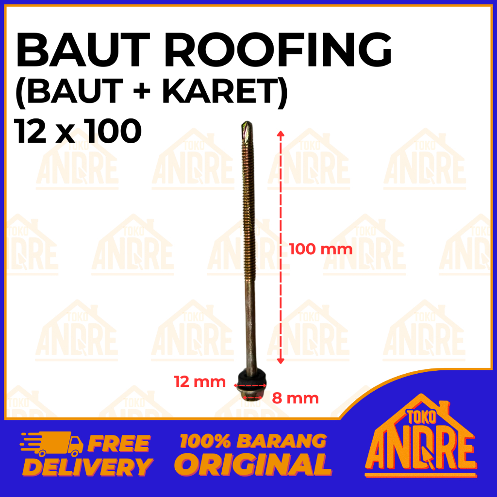 Baut Roofing + Karet 12x100 / 100 mm Sekrup Roofing Skrup Roofing Kuning Baja Ringan Eceran Pcs