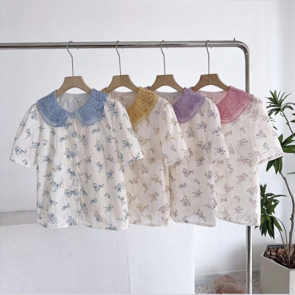 Atasan Korea blus katun kerah renda
