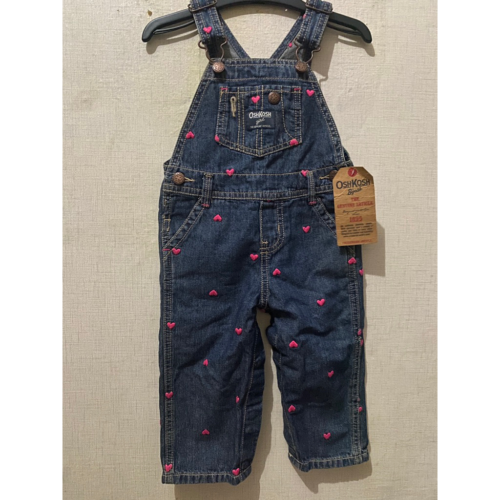 OshKosh Celana Jeans Denim Overall dengan Hati-hati Merah untuk Anak-anak