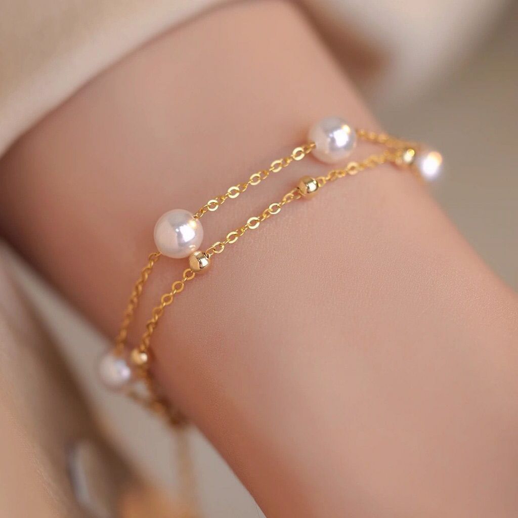 Gelang rantai  strip wanita liontin mutiara putih kecil