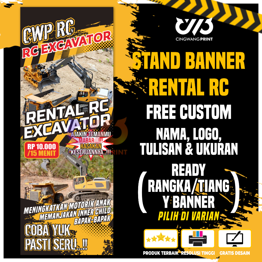 Spanduk Rental RC Excavator | X/Y-Banner Mainan Alat Berat RC Anak & Dewasa Lengkap Tiang Rangka