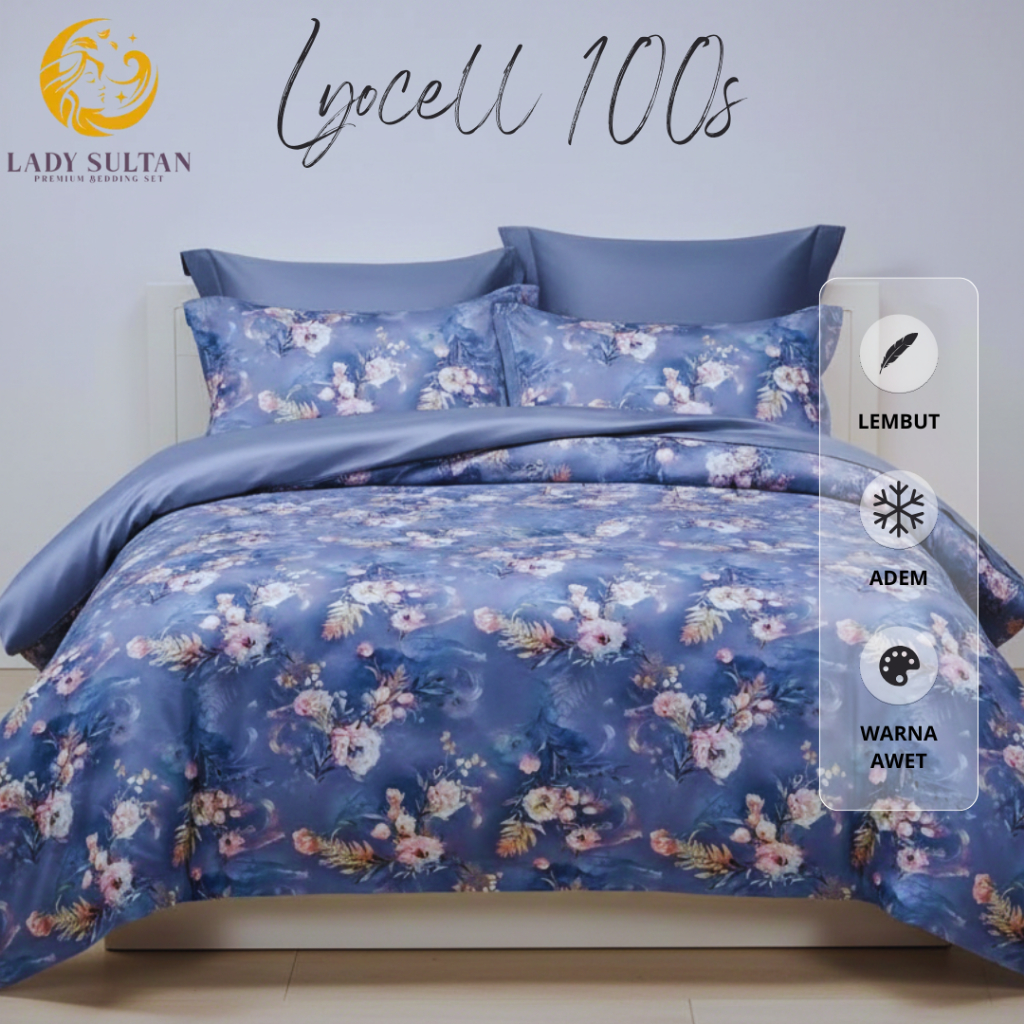 Lady Sultan – Sprei & Bedcover Set Sutra Organik 100s Motif Flower Blue (Biru Bunga)