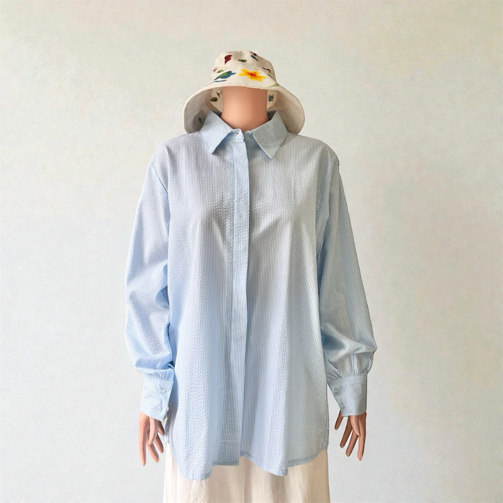 AMITAÉ Studio - Kemeja Motif Salur Oversized Katun Jepang | Kemeja Garis Salur Biru Abu | Kemeja For