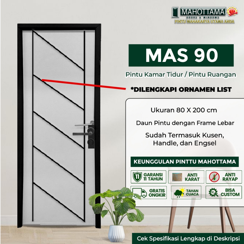 MAHOTTAMA MAS90 - Pintu Aluminium Rumah Utama Kamar Tidur / Mandi 80 x 200 Bisa Custom Ukuran Almuni