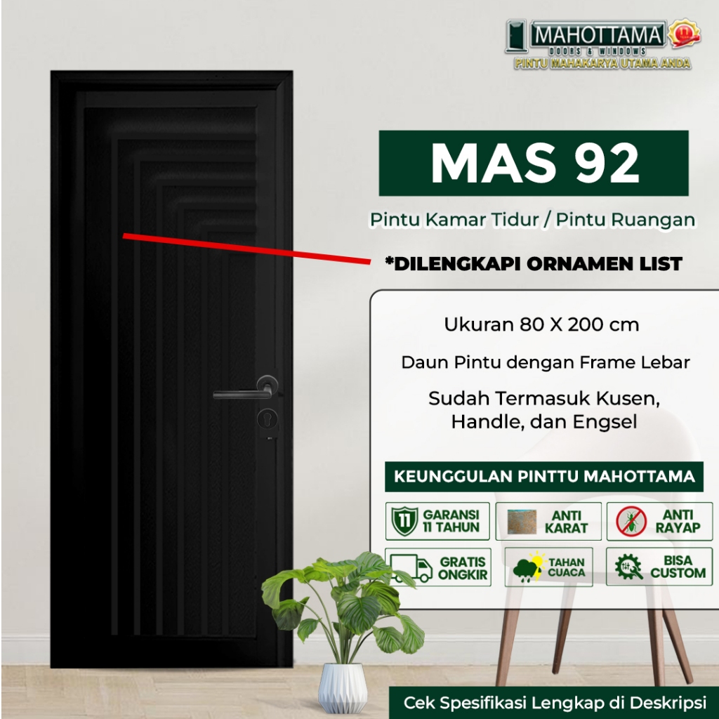 MAHOTTAMA MAS92 - Pintu Aluminium Rumah Utama Kamar Tidur / Mandi 80 x 200 Bisa Custom Ukuran Almuni