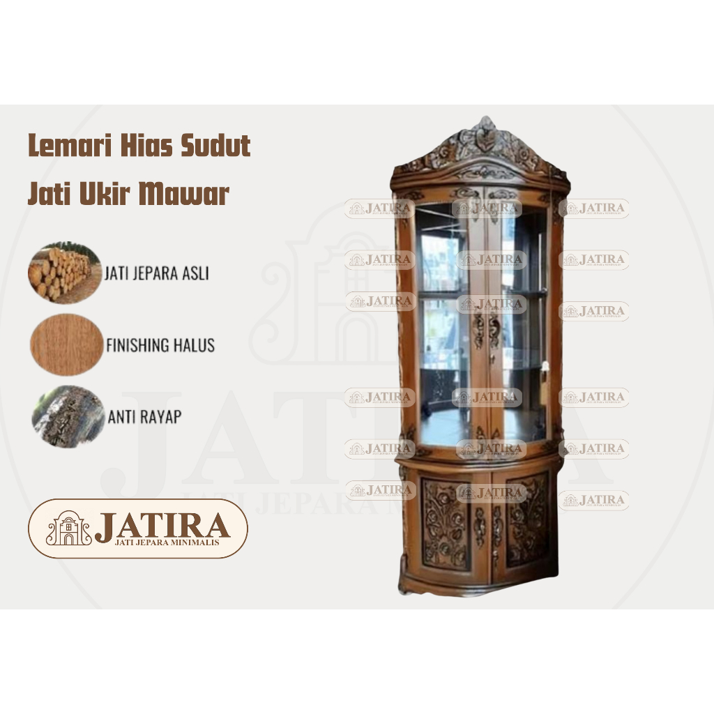 Lemari Hias Sudut Jati Ukir Mawar | Lemari Hias Sudut Jati Jepara Asli Murah Palembang