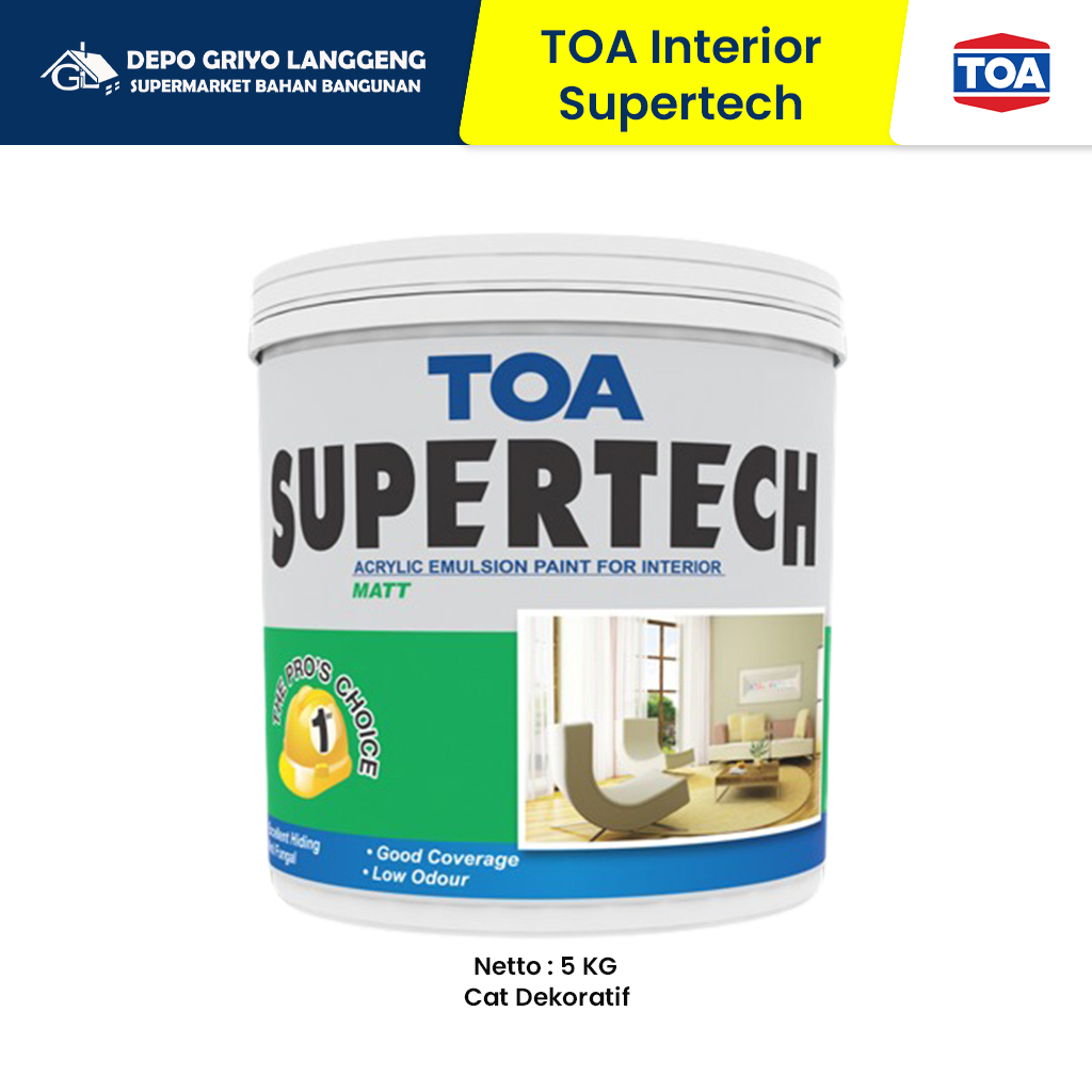 CAT TEMBOK INTERIOR TOA SUPERTECH MATT DOFF WARNA TINTING 5KG PREMIUM