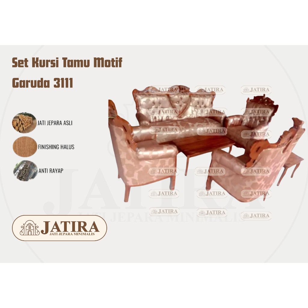 Kursi Tamu Jati Ukir Motif Garuda Kulit Sintetis + Meja + Sofa Set | Kursi Sofa Jati Garuda Murah Pa