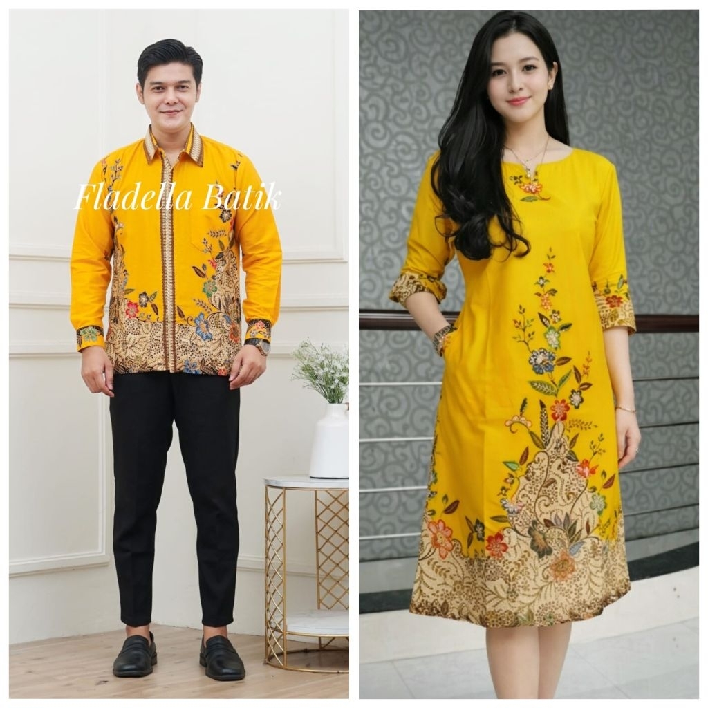 Dress batik wanita kuning couple baju batik kantor pasangan