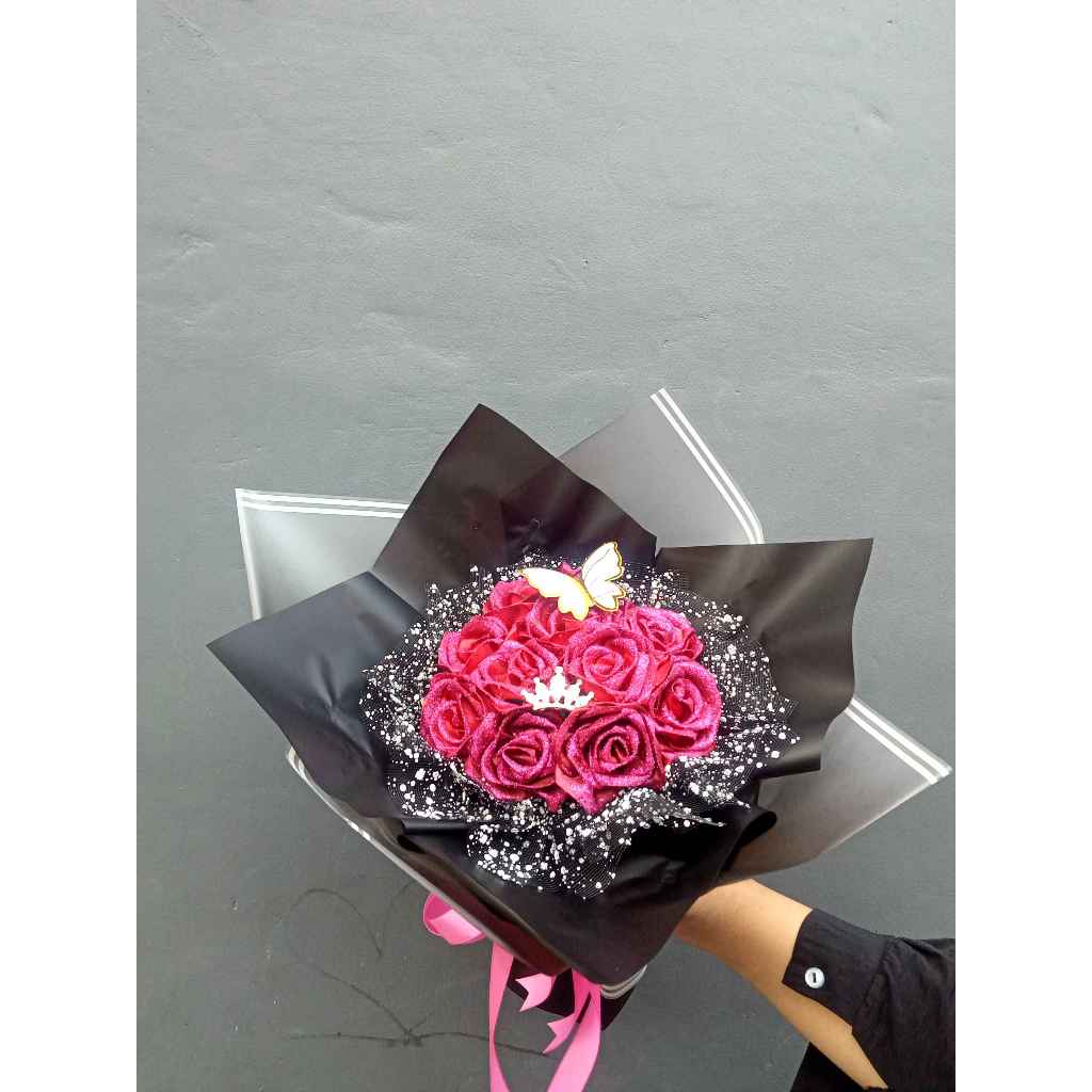 ( FREE NAMA ) BUKET BUNGA PITA SATIN GLITTER MODEL TERBARU DAN TERMURAH PREMIUM KOREAN STYLE ROUND B